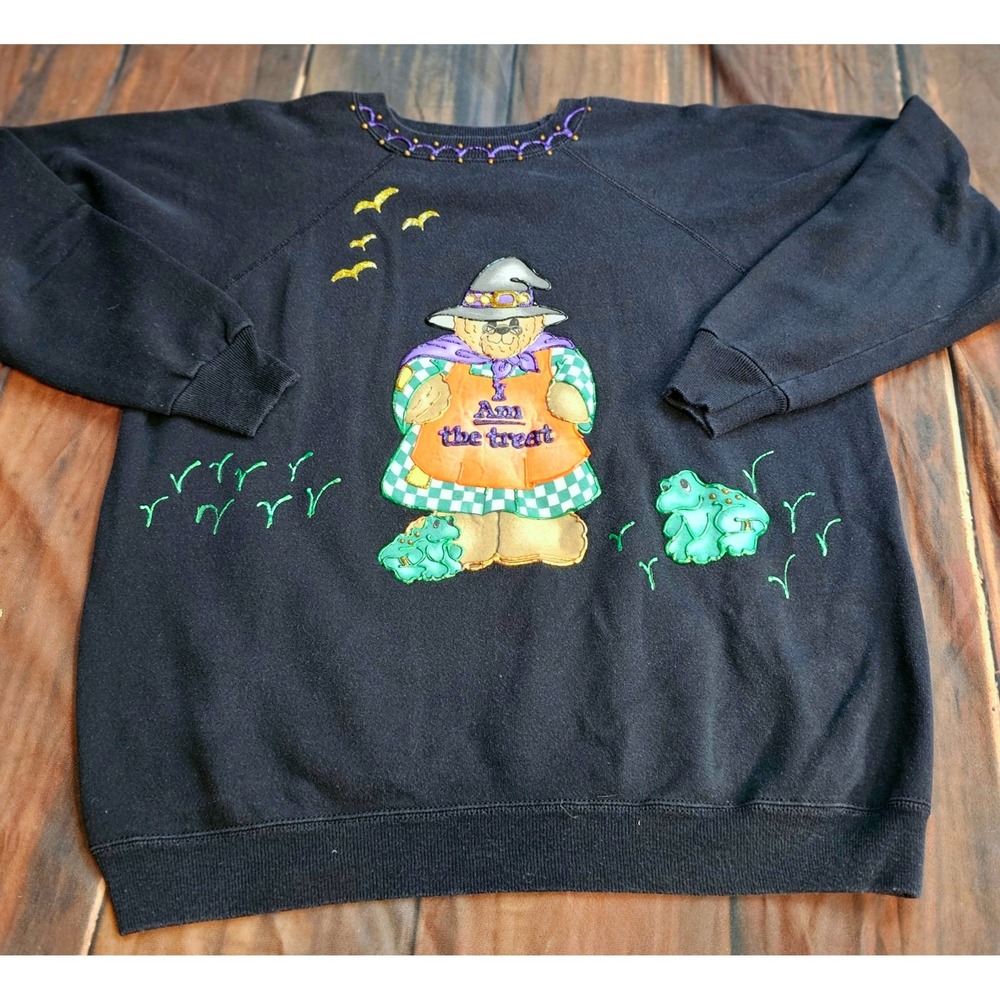 Vintage 1990s Halloween Witch Bear Frog Sweatshirt Black XXL Handmade Hanes